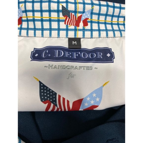 C. Defoor Mens Polo Shirt 3 button Navy Blue Short Sleeve Flag Logo Size Medium - Picture 3 of 5
